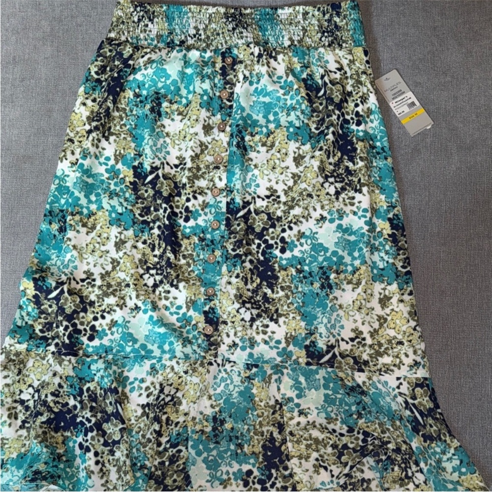 Multiples Teal and Olive Green Floral Print A-Line Skirt